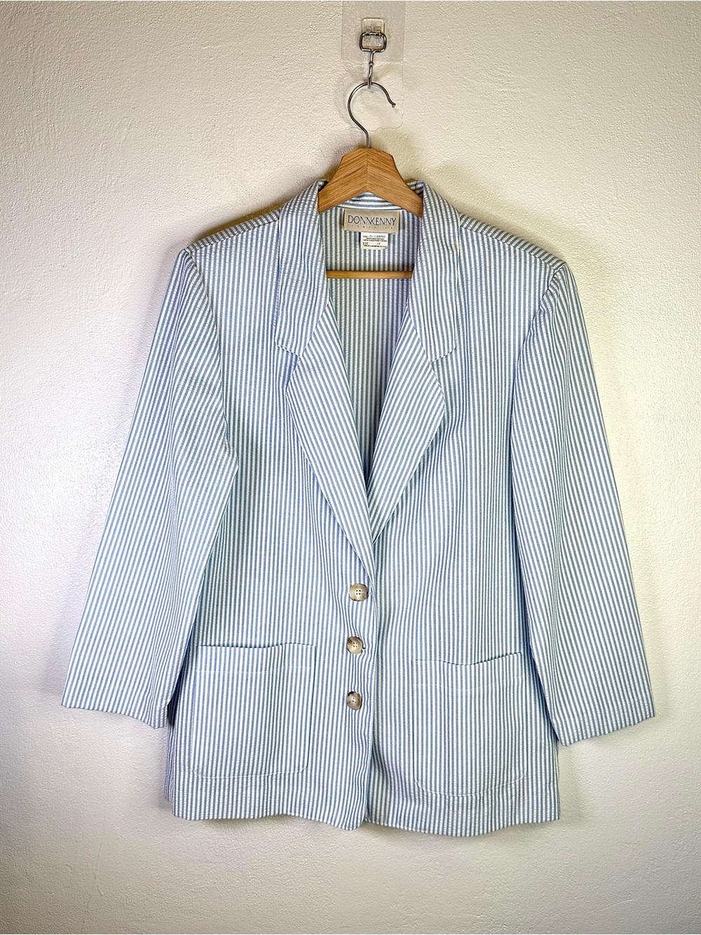 Donnkenny Classics Vintage 90s Seersucker Blazer Jacket Blue White Striped Sz 12